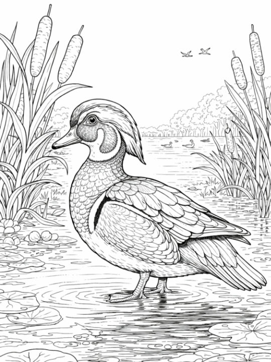 Black and white line art illustration of a duck standing in shallow water with cattails, lily pads, distant ducks, and birds, shown as a detailed nature scene.