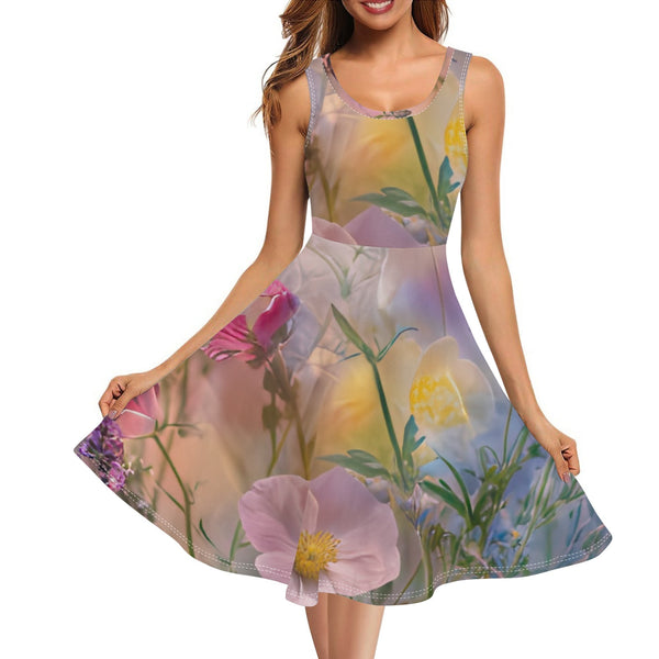 Women's Tank Dress Midi Wrap Round Neck Sleeveless Sundress - Dreamy Wildflower Meadow in Soft Focus