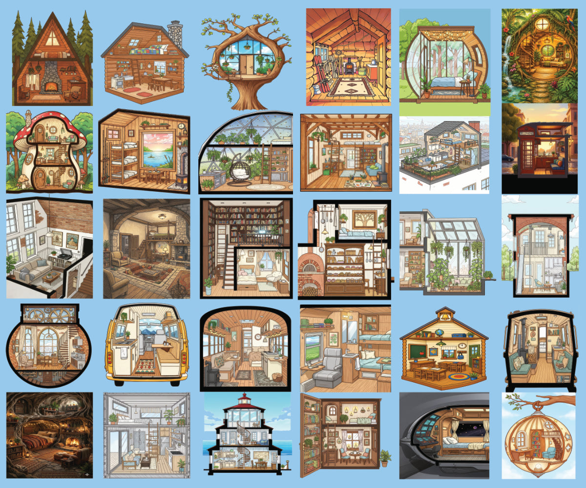 A collage grid of 32 illustrated house and room designs arranged on a light blue background, showing various architectural styles, interior layouts, and decorative scenes.