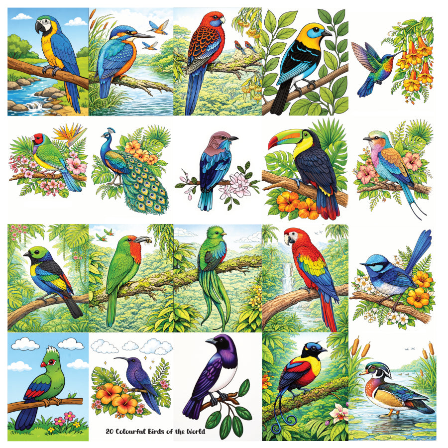 20 Colourful Birds of the World Colouring Book Volumes 1 & 2 (2 colouring books + 4 coloured and 10 line art prints)