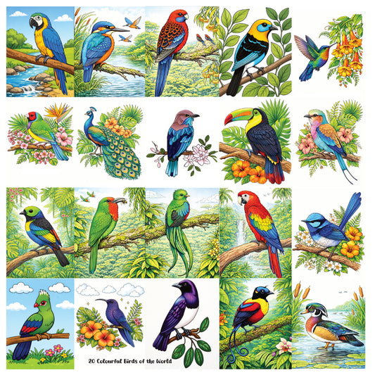 20 Colourful Birds of the World Colouring Book Volumes 1 & 2 (2 colouring books + 4 coloured and 10 line art prints)