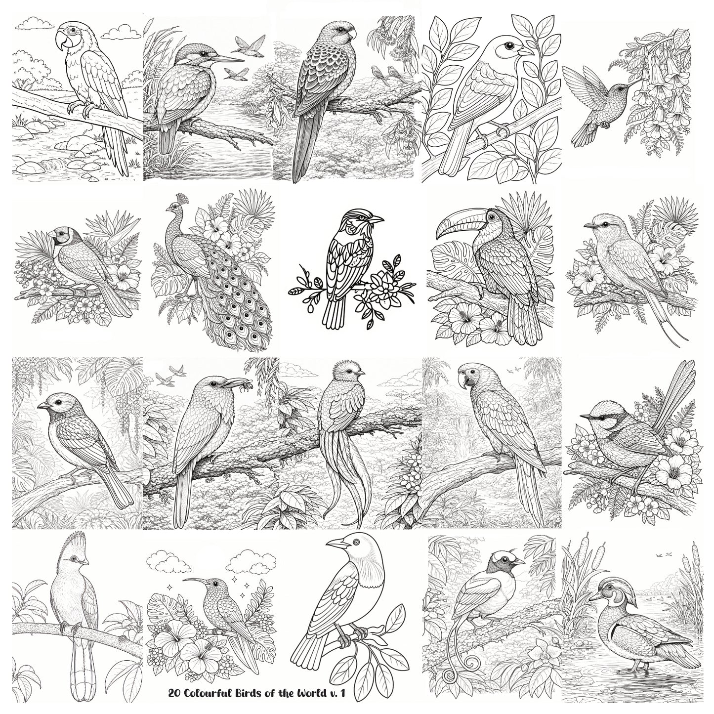 20 Colourful Birds of the World v 1 Wall Art Greyscale Print-36x36x300
