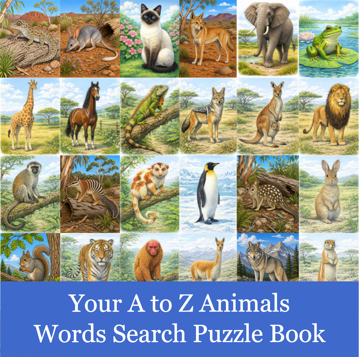 An adult and teenage puzzle book cover titled 'Your A to Z Animals Word Search Puzzle Book' with a grid of illustrated animals including crocodile, cat, dog, elephant, frog, giraffe, horse, kangaroo, lion, penguin, rabbit, monkey, zebra, squirrel, tiger, and camel, on a blue title band at the bottom.and sdult
