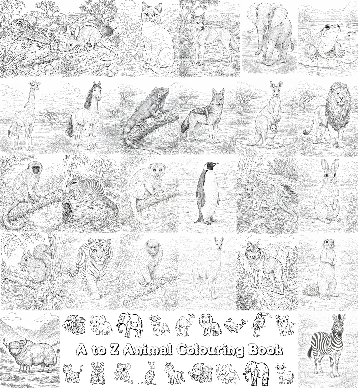 Your A to Z Animals 30 x 32.5-inch Black and White Poster/Print