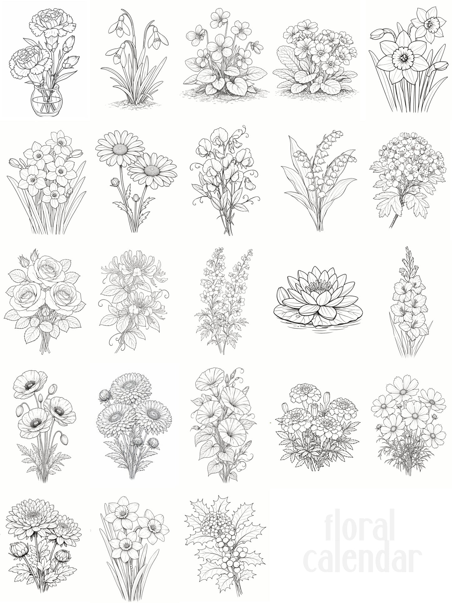 Your Birth Month Flowers 36 x36 inch Wall Art Black and White Poster/Print