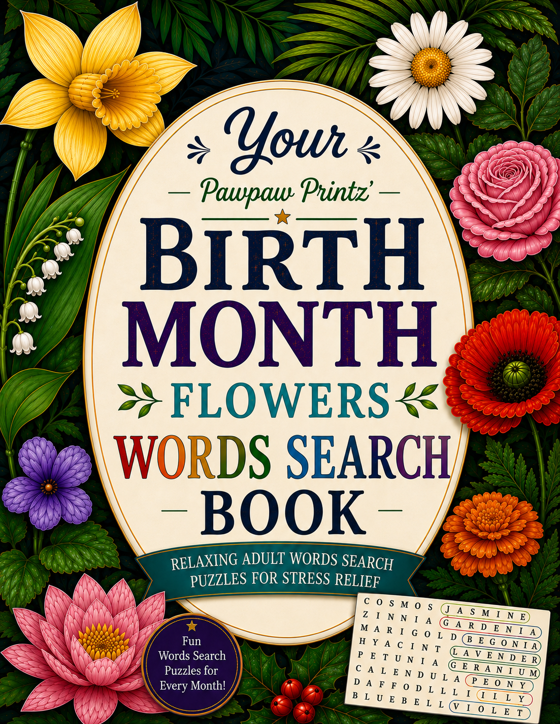 Your Birth Month Flowers Words Search Puzzle Book