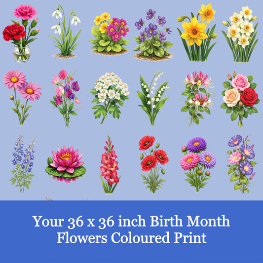 Your Birth Months Flowers Colour Print Blue Background-36x36x300