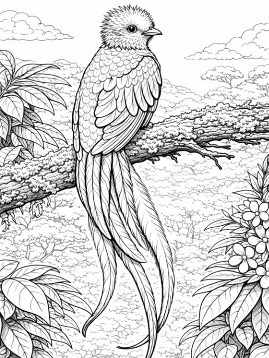 Black and white line art illustration of a Resplendent Quetzal perched on a branch in a detailed natural landscape with foliage and clouds, suitable for coloring.