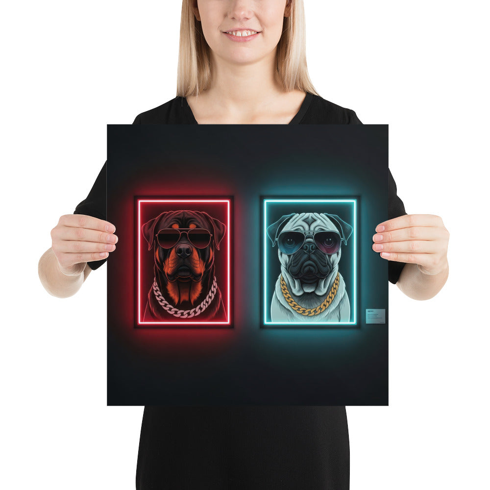 Rottweiler Pug Neon Duo Poster Print